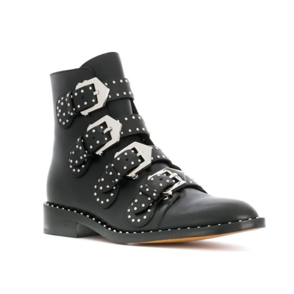 Black leather buckle booties